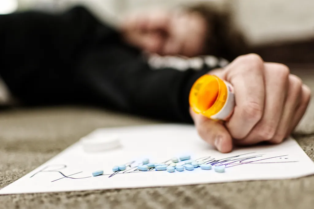 person on the floor holding a pill bottle