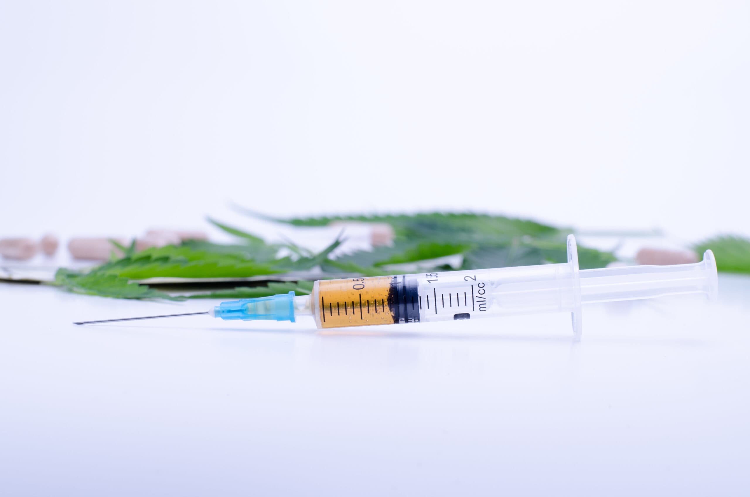 Heroin syringe and green cannabis leaves