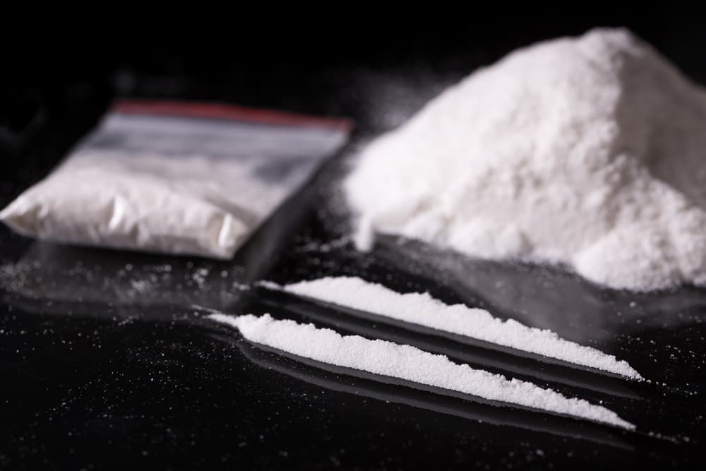 cocaine lines and pile of cocaine with baggie