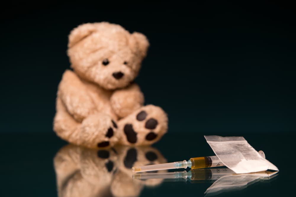 teddy bear cocaine in bag and needle