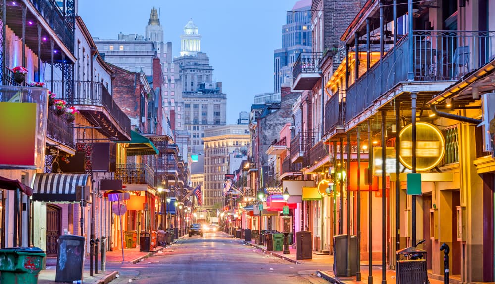 Cityscape of bars and restaurants at twilight in Louisiana