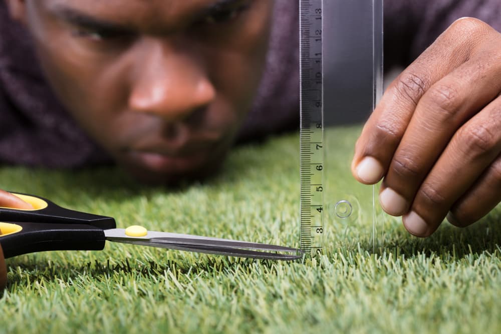 man cutting grass with ruler and scissors