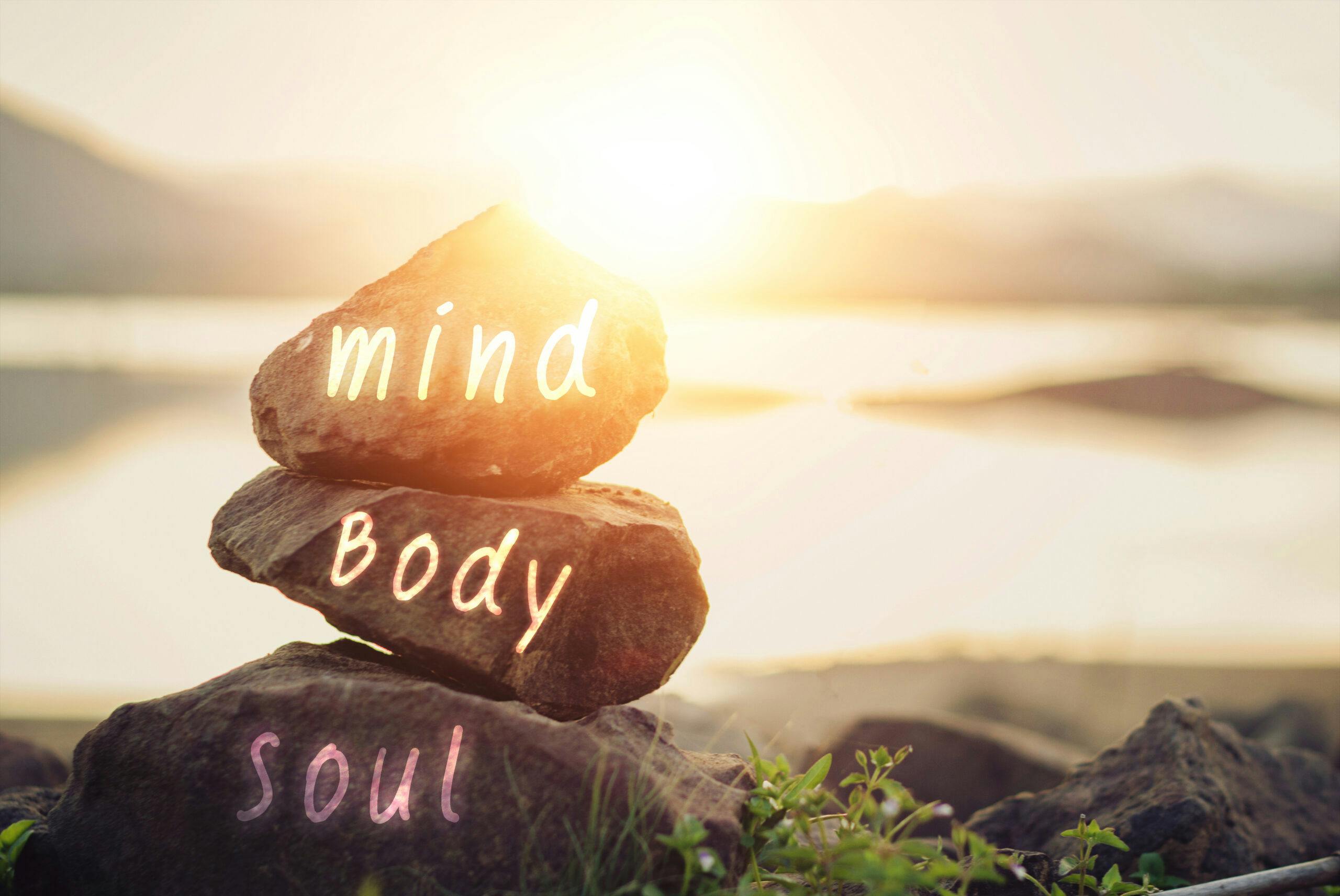holistic health mind body soul rocks with water and mountains
