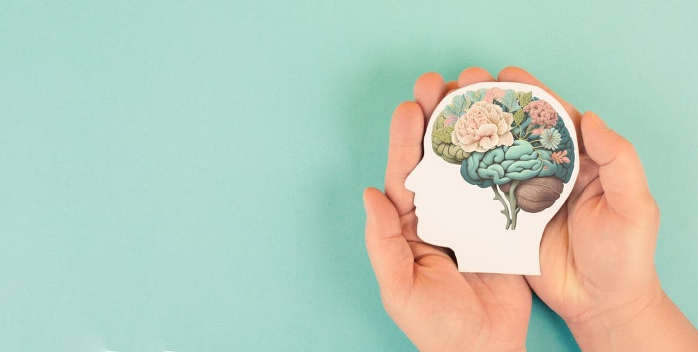 hands holding brain with flowers