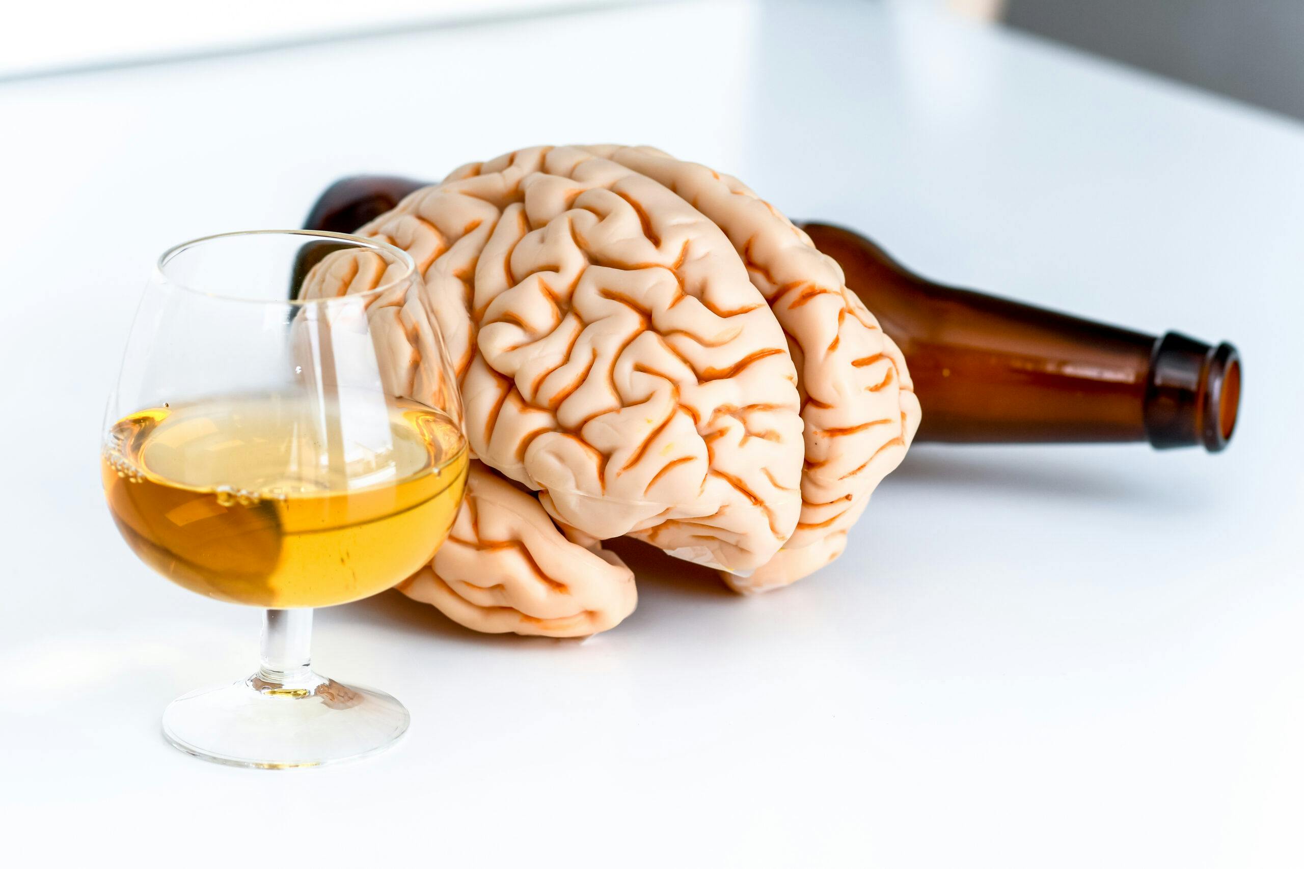 beer in glass and bottle with brain