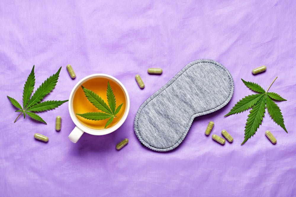 marijuana leaf, tea, eye mask, weed pills